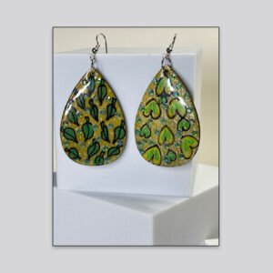 Artistic Teardrop Drop Earrings – Green Botanical Pattern