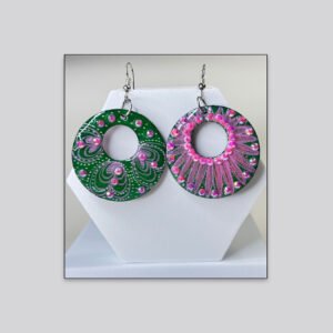 Artistic Circular Drop Earrings – Green & Pink Contrast