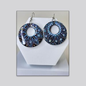 Artistic Circular Drop Earrings – Black & Blue Floral Pattern