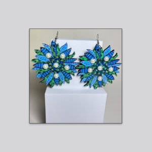 Artistic Floral Statement Earrings – Blue & Green Layered Design