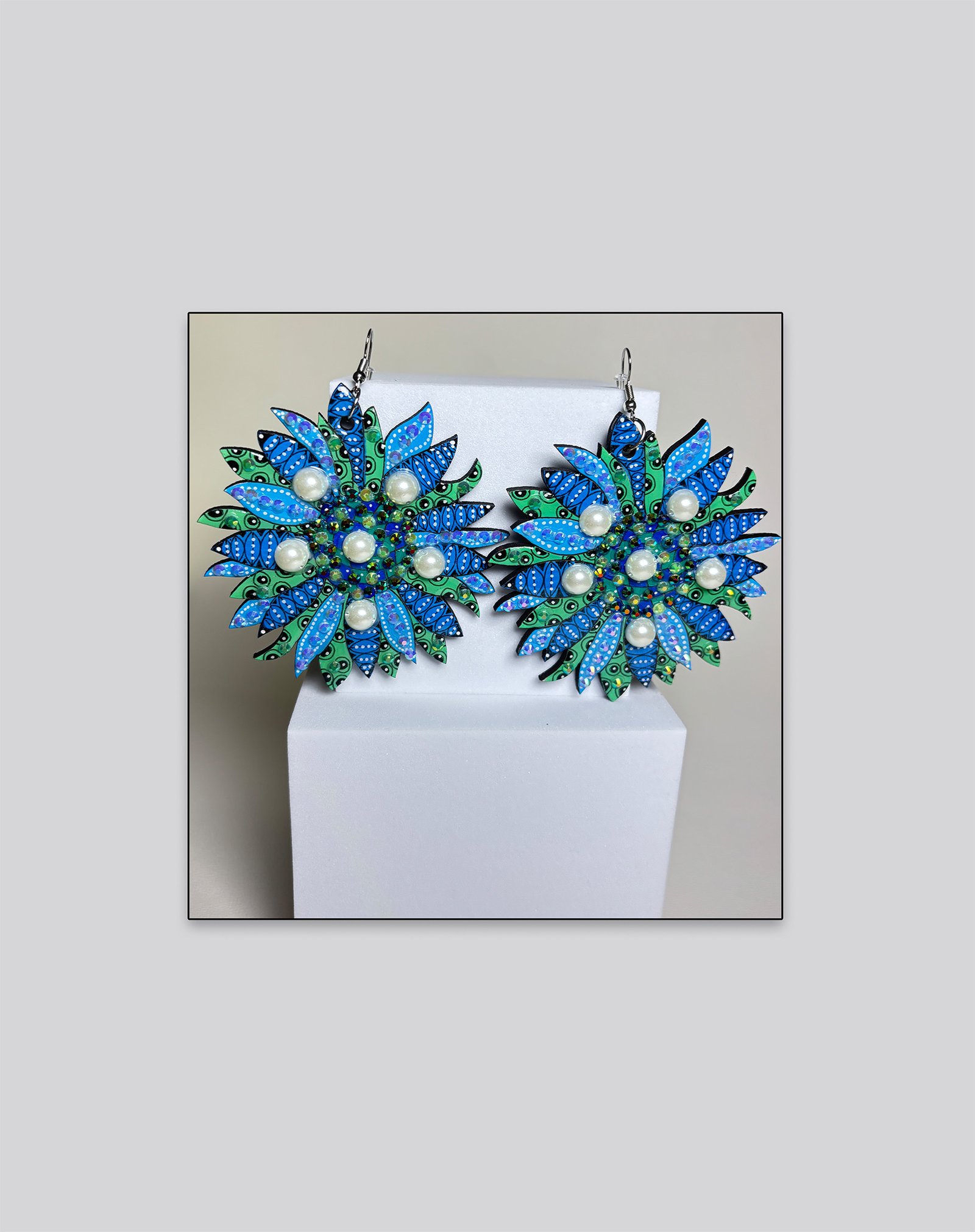 Artistic Floral Statement Earrings – Blue & Green Layered Design